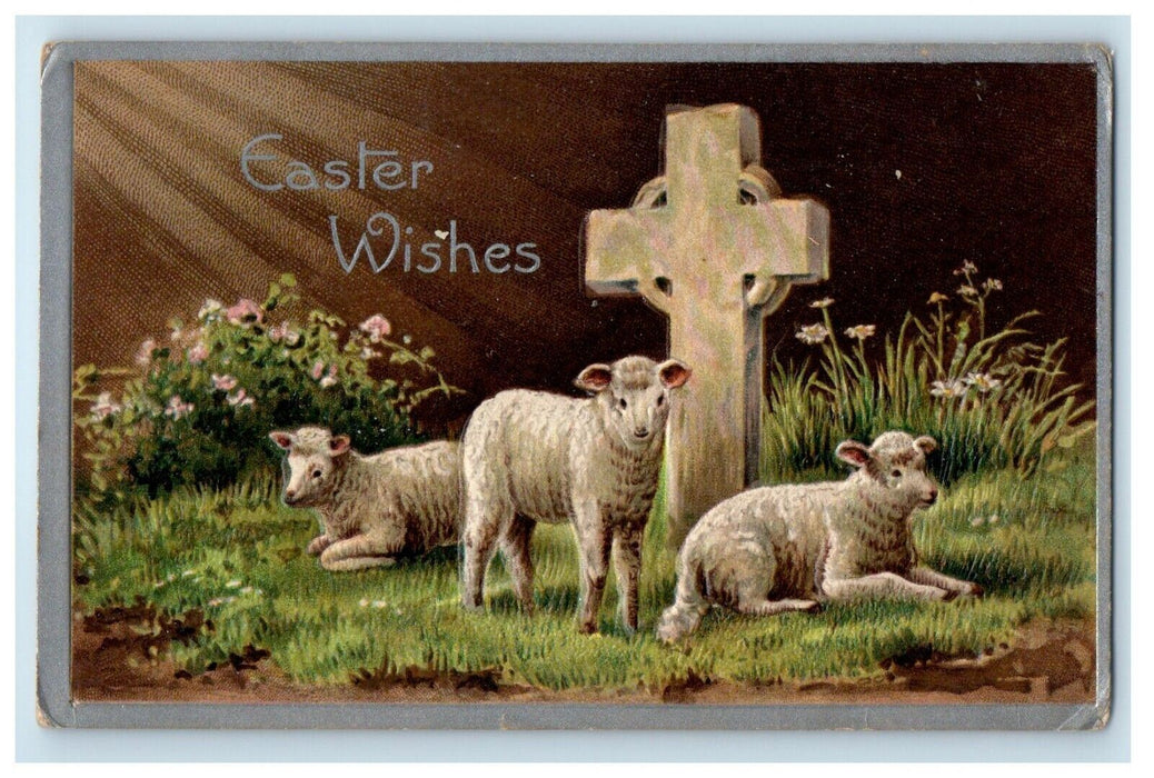 c1910's Easter Wishes Three Sheep Cross Embossed Posted Antique Postcard