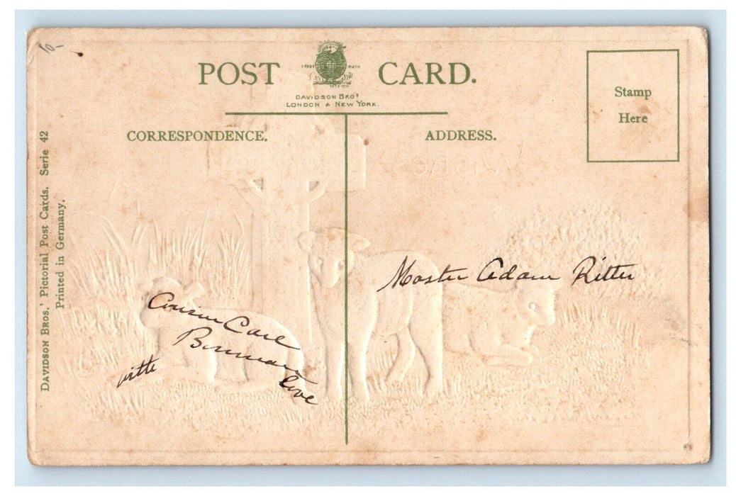 c1910's Easter Wishes Three Sheep Cross Embossed Posted Antique Postcard