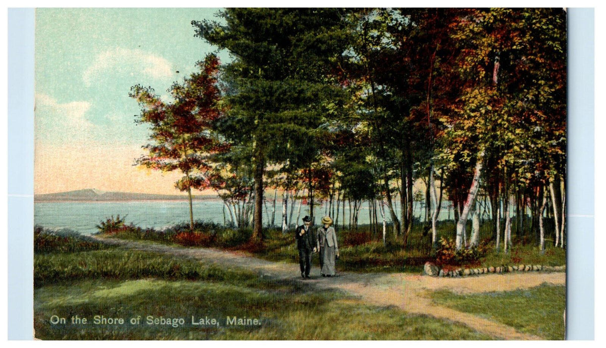 c1910 Couple Walking On The Shore of Sebago Lake Maine ME Antique Postcard