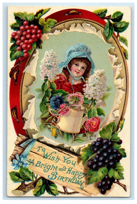 1910 Birthday Greetings Pretty Girl Watering Flowers Berries Embossed Postcard