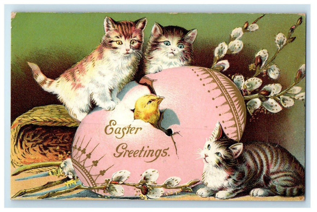 c1910's Easter Greetings Hatched Egg Chick And Cats Embossed Antique Postcard