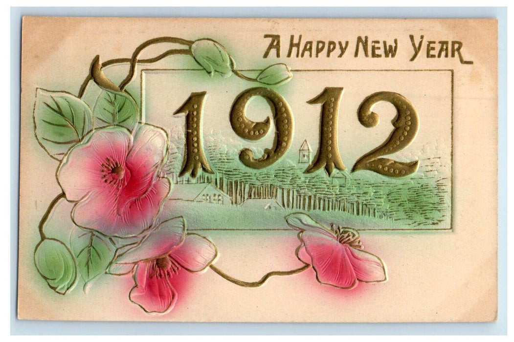 1912 Happy New Year Pink Flowers Large Numbers Airbrushed Embossed Postcard