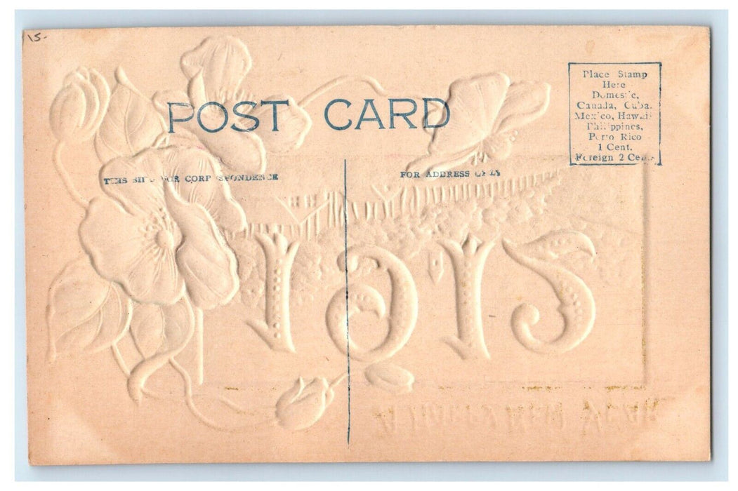 1912 Happy New Year Pink Flowers Large Numbers Airbrushed Embossed Postcard