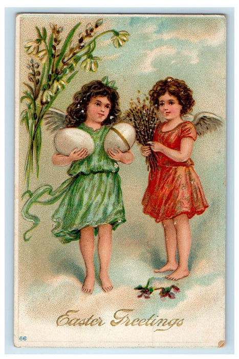 c1910's Easter Greetings Angel Cherub With Eggs And Flowers Embossed Postcard