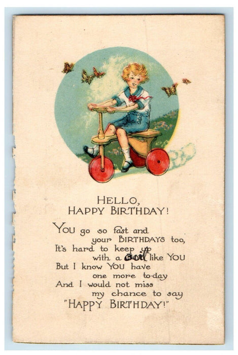 1926 Birthday Greetings Boy Tricycle Bike Chasing Butterfly Vintage Postcard