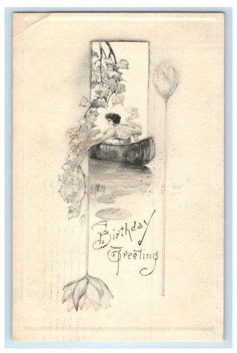 1911 Birthday Greetings Girl River Canoeing Lily  Posted Antique Postcard