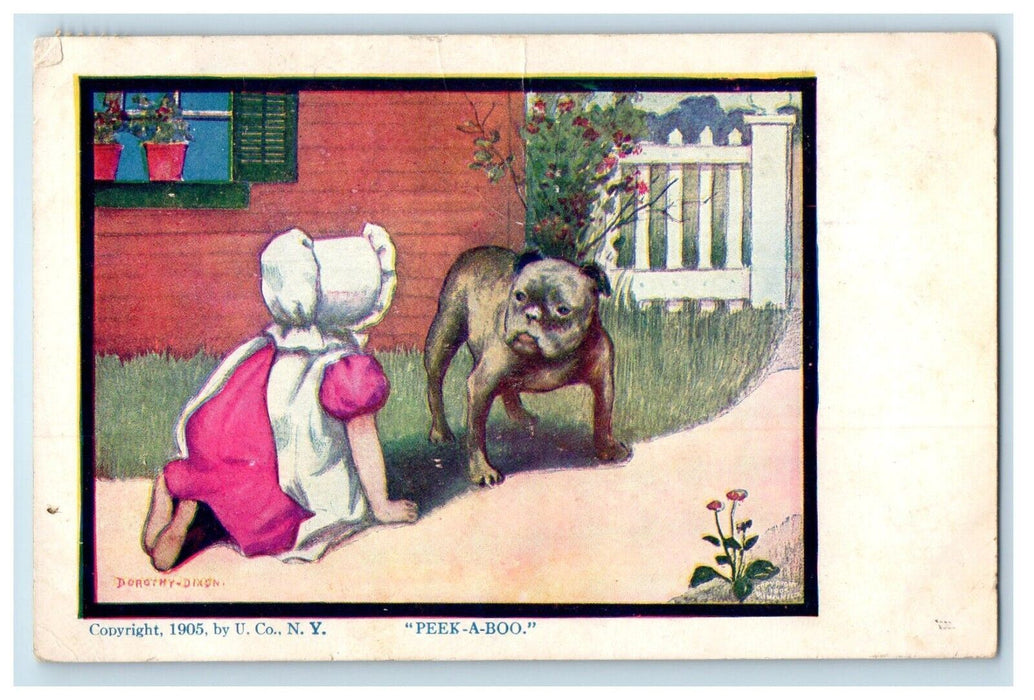 1907 Little Girl Terrified Peek A Boo Bulldog Animals Posted Antique Postcard