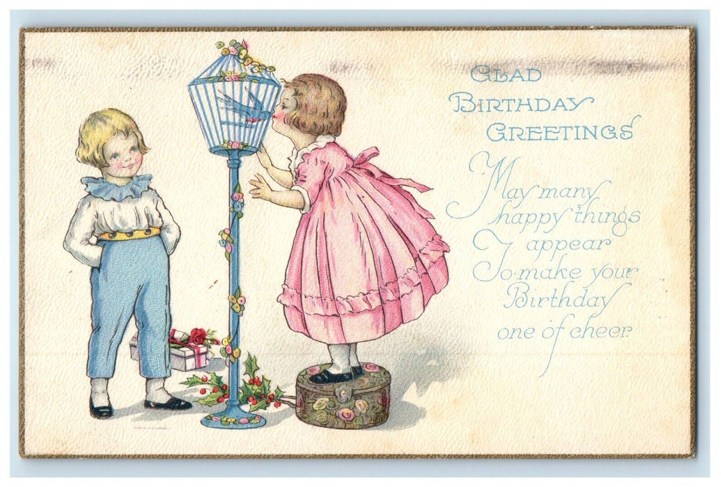 1925 Birthday Greetings Girl Kissed Bird And Cage Boy Present Vintage Postcard