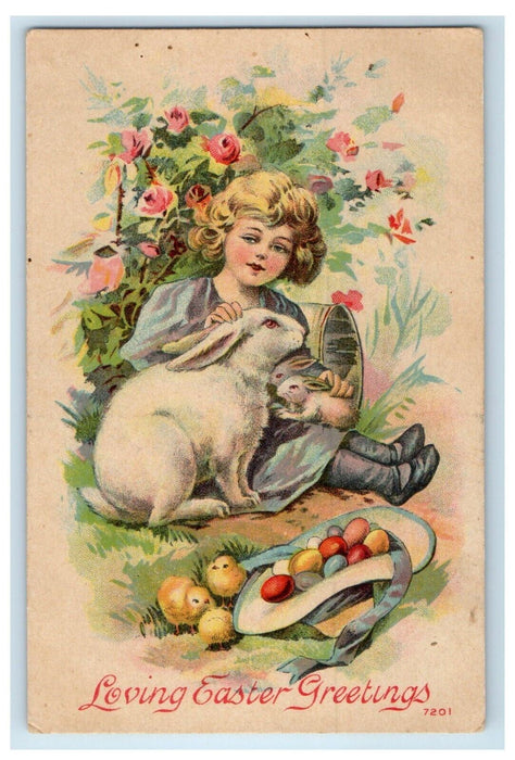 c1910's Easter Greetings Eggs Girl Bunny Rabbits Flowers Winsch Back Postcard