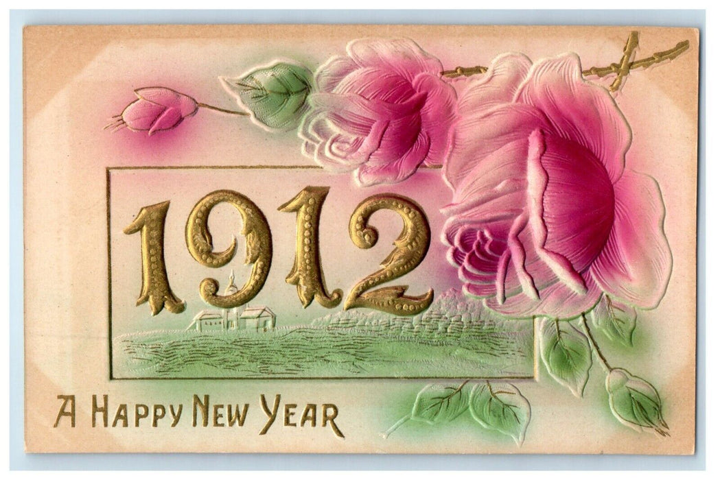 1912 Happy New Year Pink Roses Flowers Large Number Airbrushed Embossed Postcard