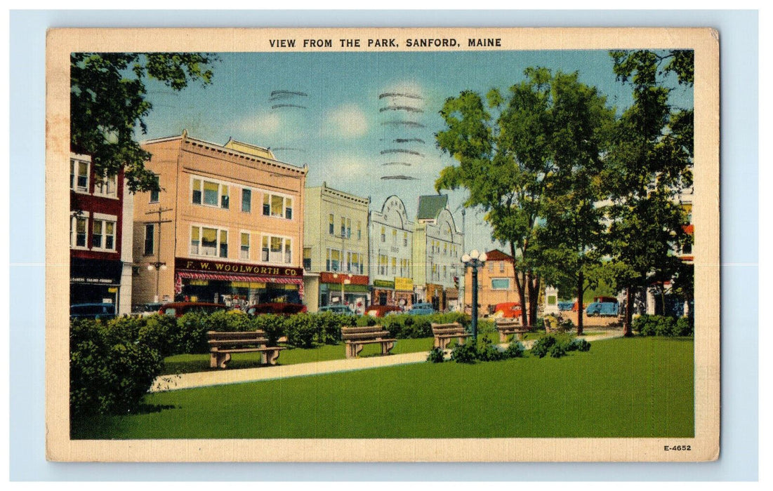 1946 Woolworth Co. Business Section, View from the Park, Sanford ME Postcard