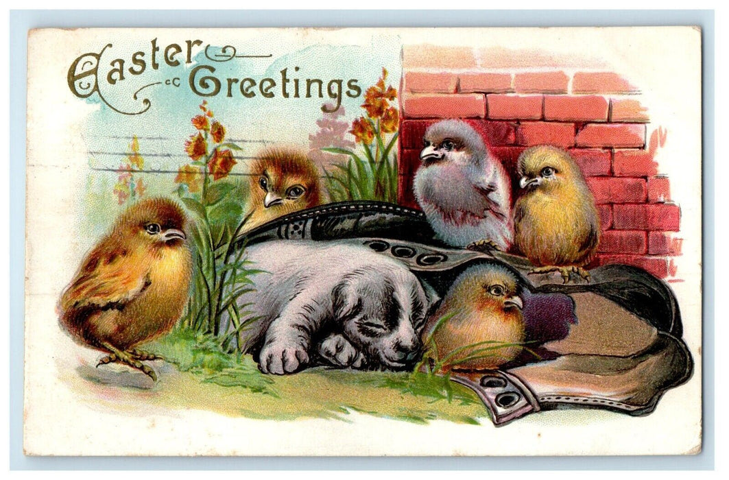 1912 Easter Greetings Cute Puppy And Chicks Embossed Posted Antique Postcard