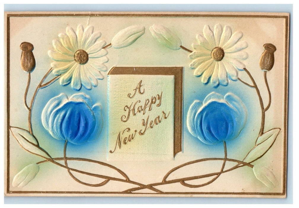 1911 Happy New Year Airbrushed White Blue Flowers Embossed Antique Postcard