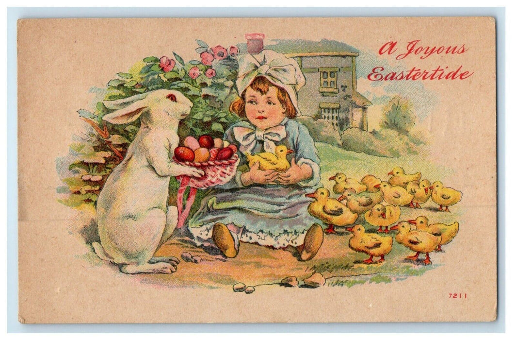 Easter Little Girl Anthropomorphic Rabbit Eggs Chicks Winsch Back Postcard