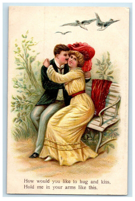 c1910's Sweet Couple Romance Kissing Hugging Birds Embossed Antique Postcard