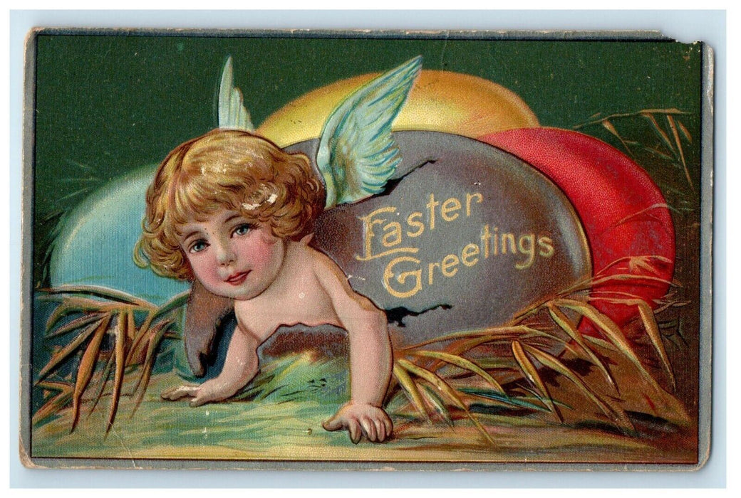 1909 Easter Greetings Angle Cherub In Hatched Egg Embossed Antique Postcard