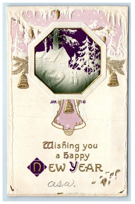 1914 New Year Jan 1st Pinecone Bells Snow Winter Posted Antique Postcard