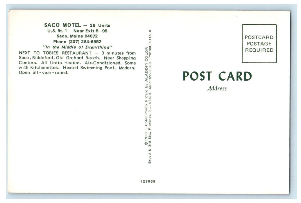 c1960's Saco Motel Next to Tobies Restaurant Saco Maine ME Unposted Postcard