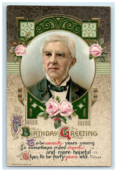 c1910's Birthday Greetings Old Man Bow Tie John Winsch Embossed Flowers Postcard