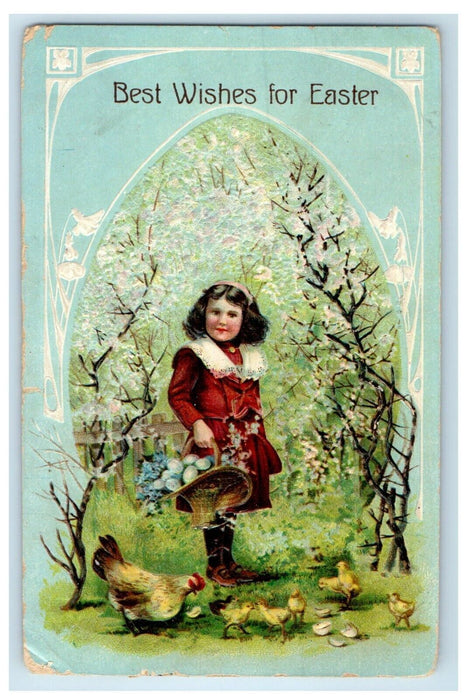 1908 Easter Girl Collect Egg Basket Chicken Hen Hatched Chicks Embossed Postcard