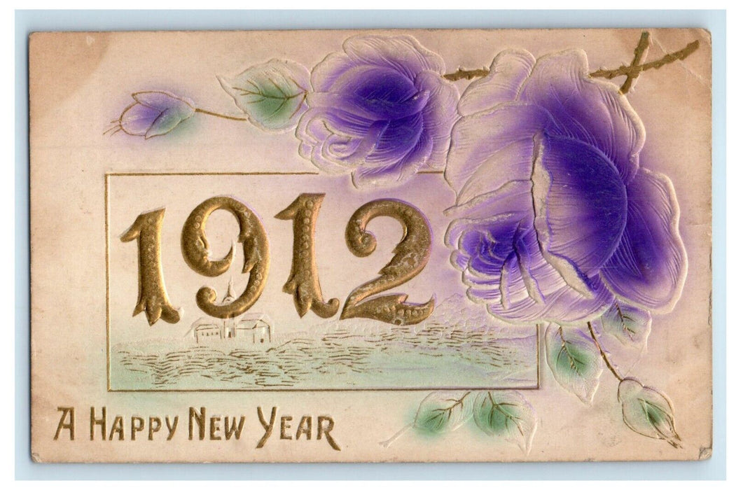 1912 Happy New Year Airbrushed Purple Flower Large Numbers Embossed Postcard