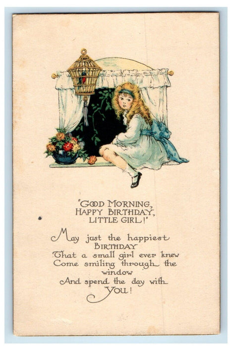 c1910's Birthday Greetings Girl At Window Bird Cage Flowers Antique Postcard