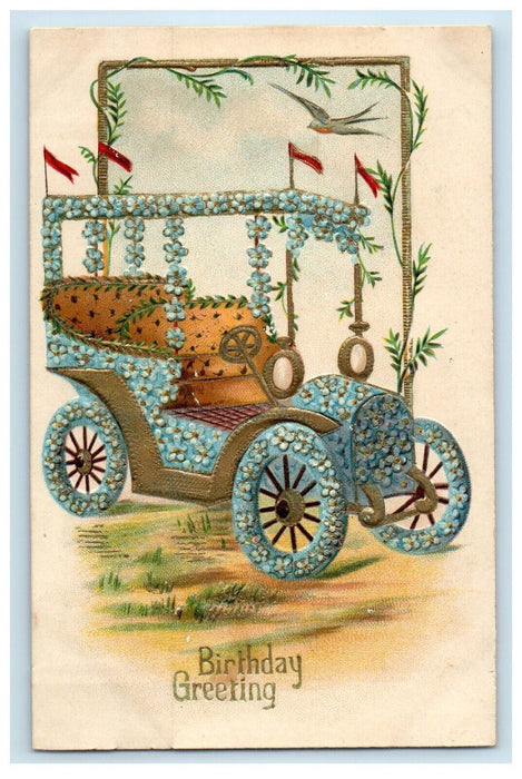 c1910's Birthday Greetings Car Decorated Flowers Bird Flags Antique Postcard