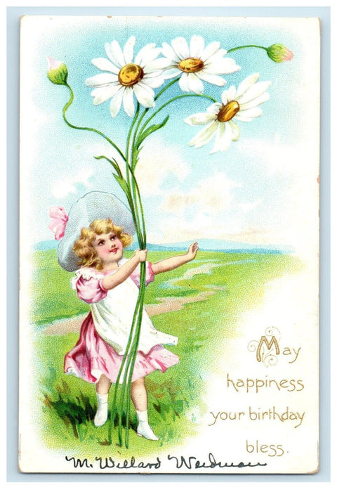 1906 Birthday Greetings Little Girl White Lily Flowers Embossed Tuck's Postcard