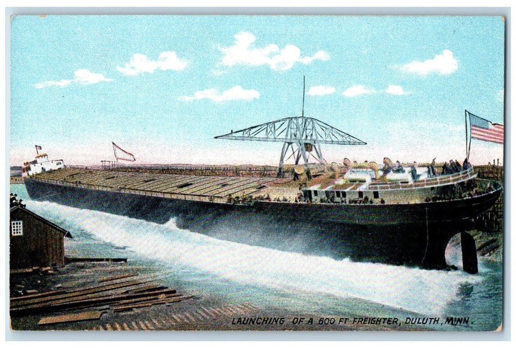 c1910 Launching Goo Fit Freighter Cargo Ship Duluth Minnesota Vintage Postcard