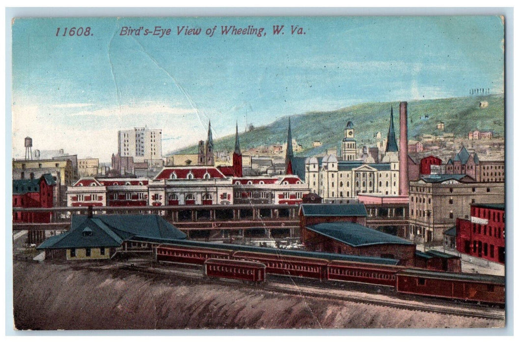 1914 Bird's Eye View Of Wheeling West Virginia WV, Train Depot Station Postcard