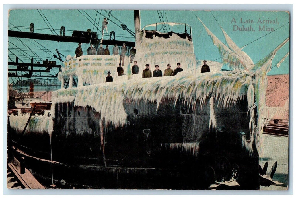 c1910 Late Arrival Glacier Winter Steamer Duluth Minnesota MN Vintage Postcard