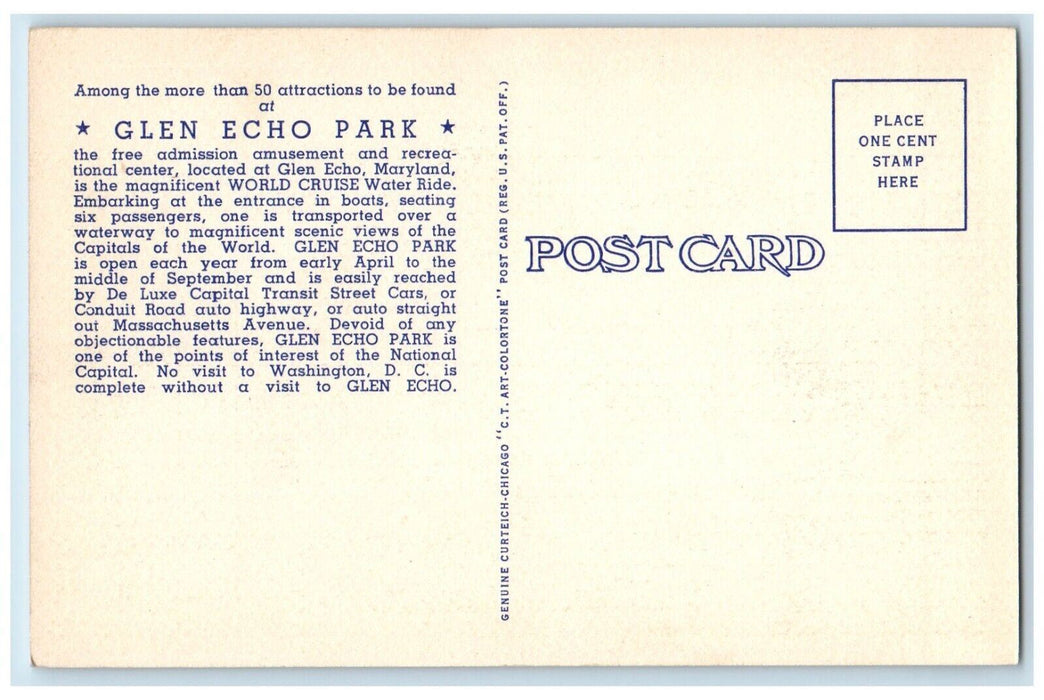 c1940 Amusement Glen Echo Park World Cruise Water Ride Maryland MD Postcard