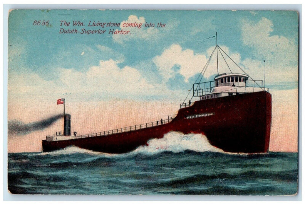 c1910 The Wm Livingstone Coming Duluth Superior Harbor Duluth Minnesota Postcard