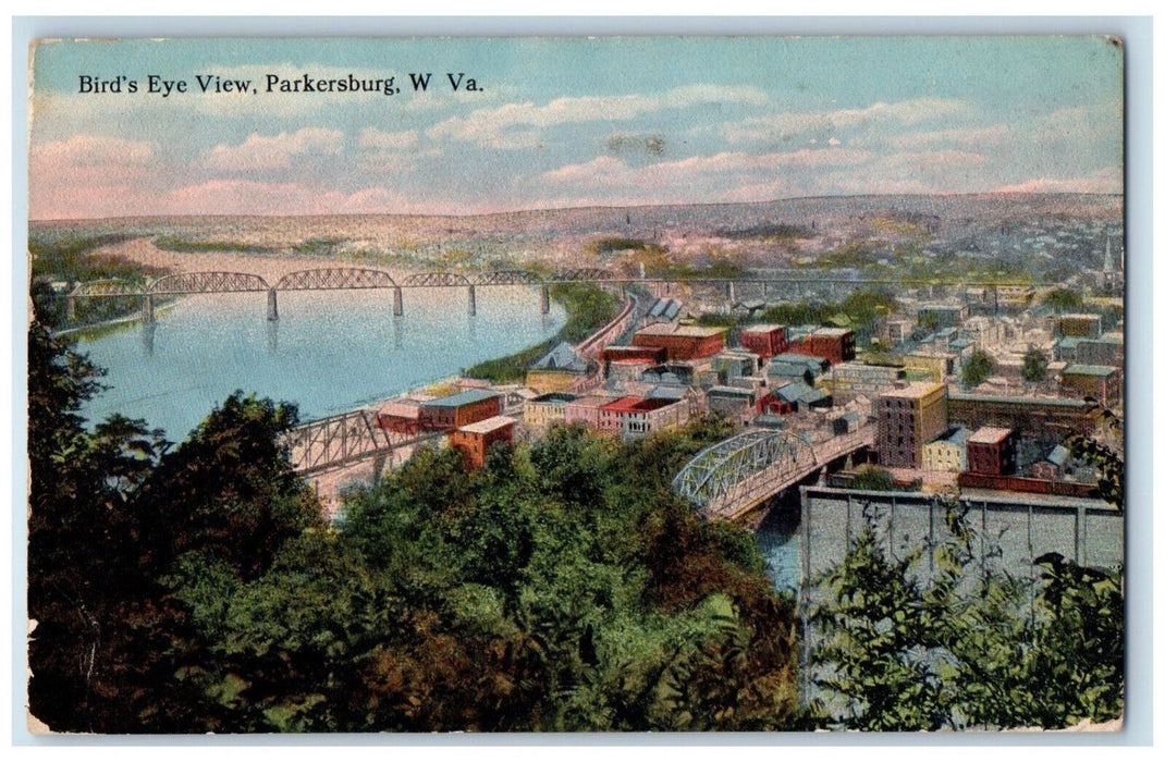 Bird's Eye View Parkersburg West Virginia WV, Bridges Scene Antique Postcard