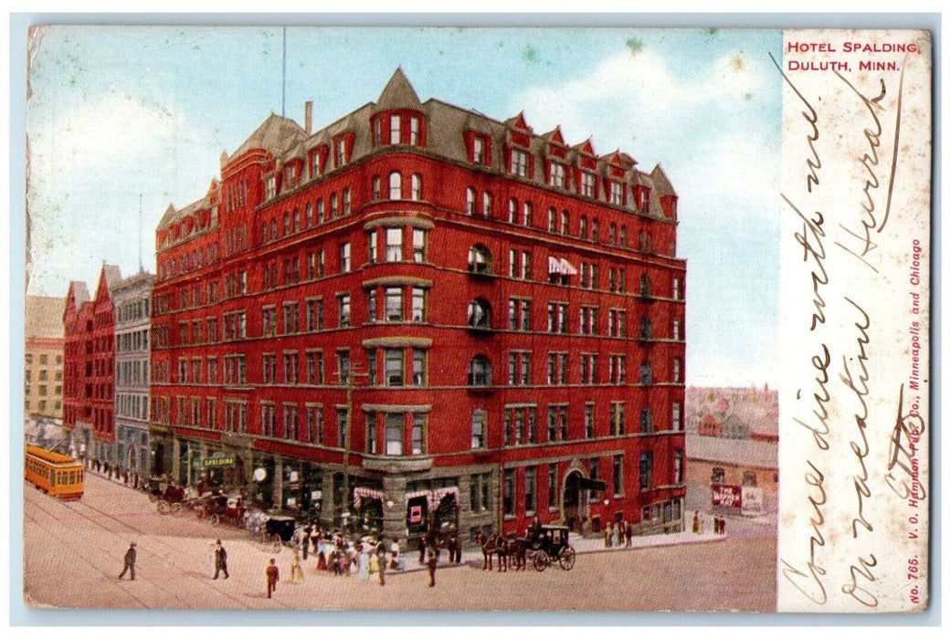 1908 Hotel Spalding Streetcar Street Exterior Building Duluth Minnesota Postcard