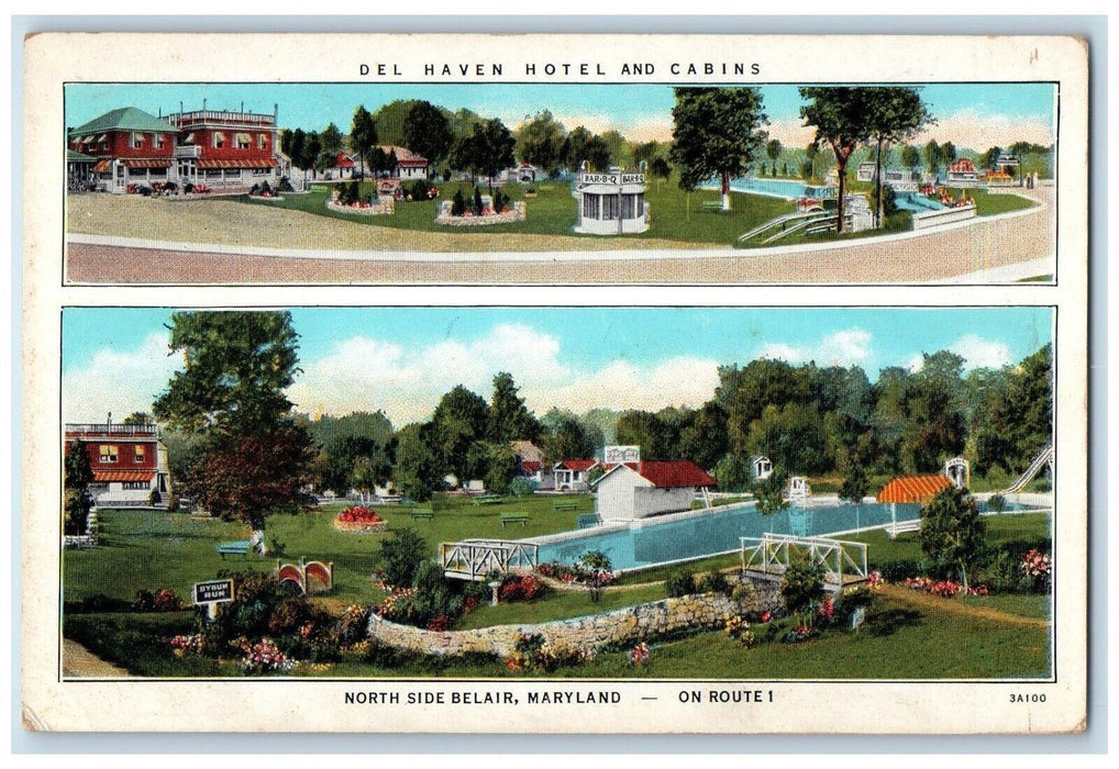 c1940 Multi-View Del Haven Hotel Cabins North Side Belair Maryland MD Postcard