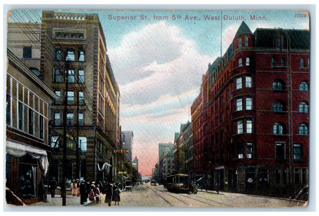 1908 Superior St. From 5th Ave. Streetcar Trolley West Duluth Minnesota Postcard