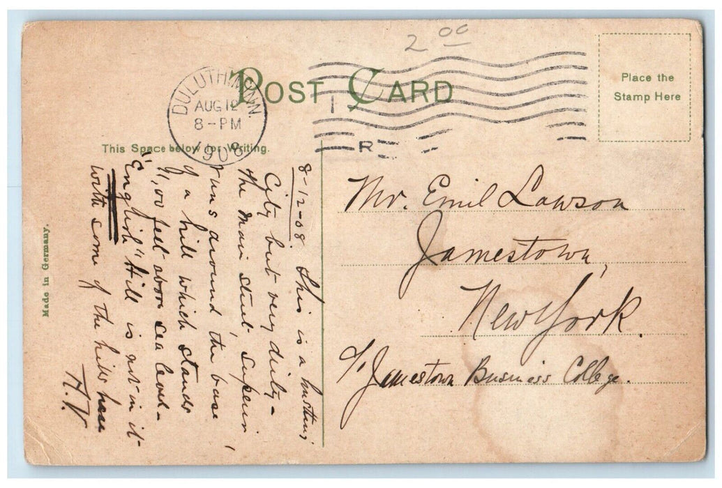 1908 Superior St. From 5th Ave. Streetcar Trolley West Duluth Minnesota Postcard