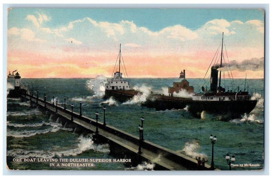 c1910 Ore Boat Leaving Duluth Superior Harbor Northeaster Minnesota MN Postcard