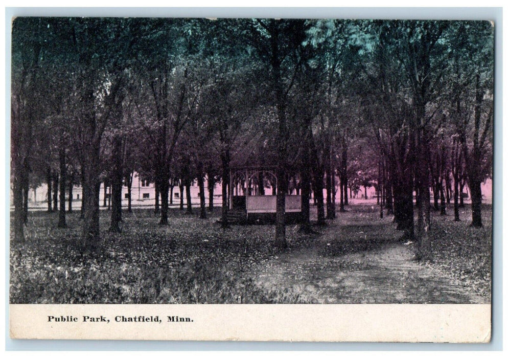 c1910 Public Park Flower Trees Gazebo Plant Chatfield Minnesota Vintage Postcard