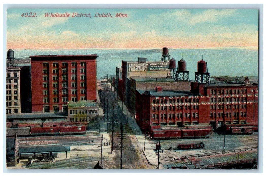 c1910 Wholesale District Exterior Building Streetcar Duluth Minnesota Postcard