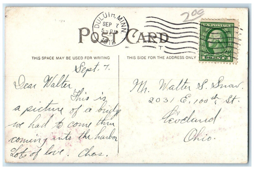 1912 Interstate Bridge Logging Log River Lake Duluth Minnesota Vintage Postcard