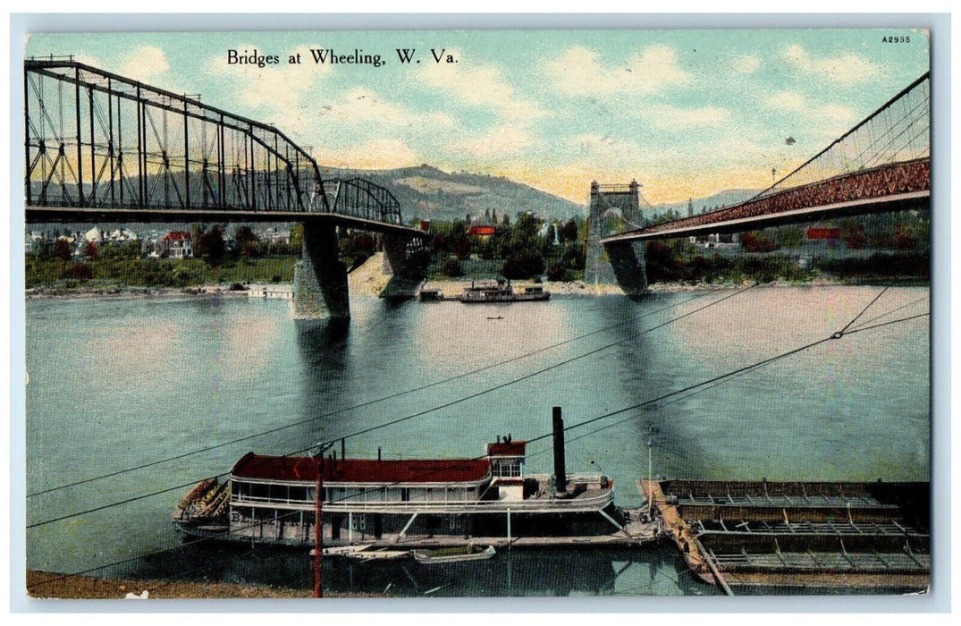 1910 Bridges At Wheeling West Virginia WV, Mountain Ships Scene Antique Postcard