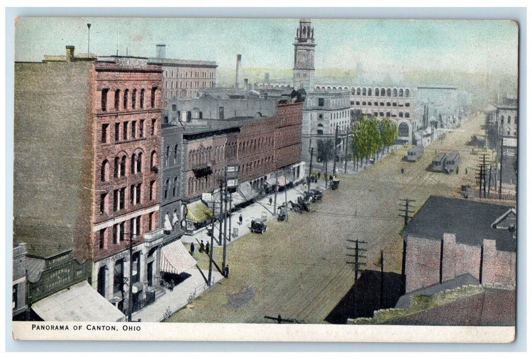 Panorama Of Canton Ohio OH, Cars Clock Tower Building Scene Antique Postcard