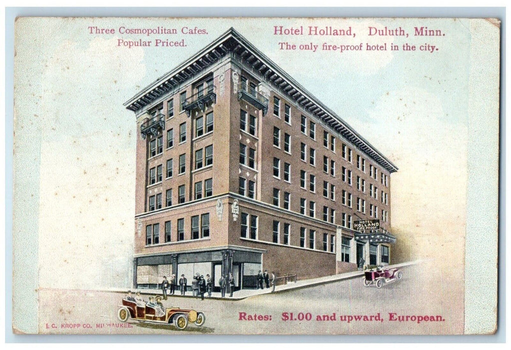 1911 Three Cosmopolitan Cafes Hotel Holland Exterior Duluth Minnesota Postcard