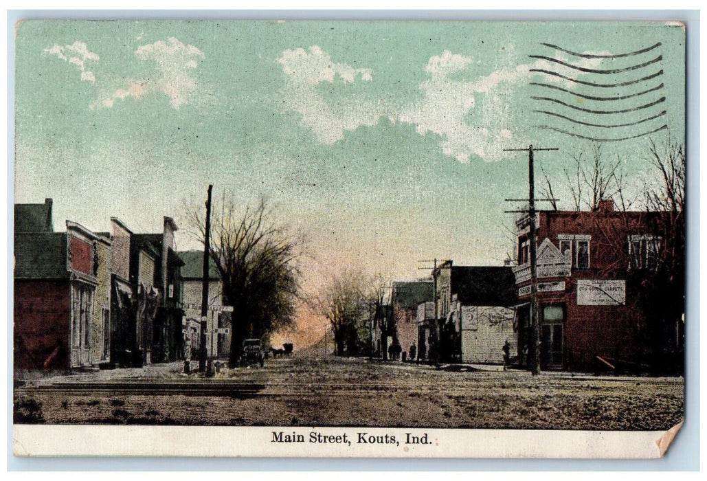 1910 Main Street Car Building Stores Scene Kouts Indiana IN Antique Postcard