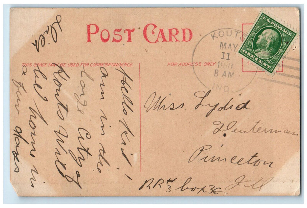 1910 Main Street Car Building Stores Scene Kouts Indiana IN Antique Postcard
