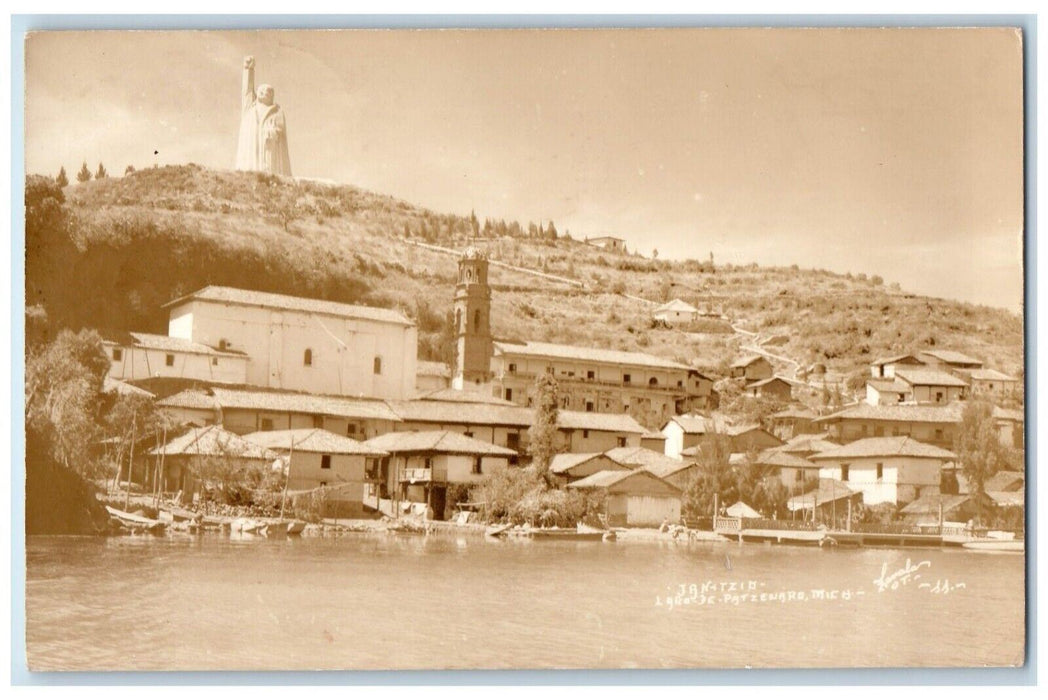 1941 José María Morelos Statue Lake Patzcuaro Mexico RPPC Photo Posted Postcard