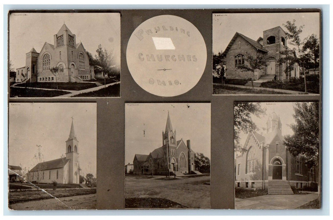 c1910's Multiview Churches Bell Tower Paulding Ohio OH RPPC Photo Postcard