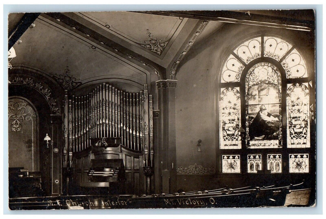 c1910's Church Interior Jesus Organ Mt. Victory Ohio RPPC Photo Postcard